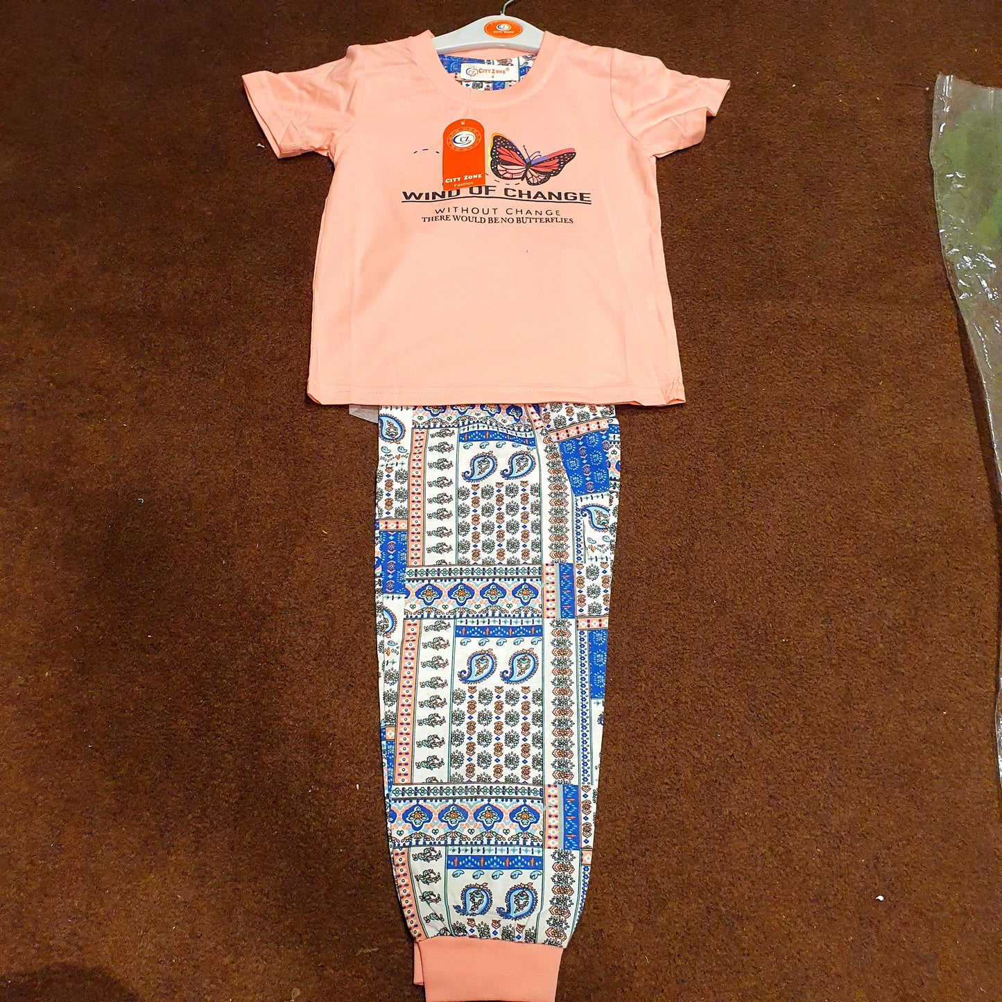Butterfly Print Top with Printed Pajama Girls Suit