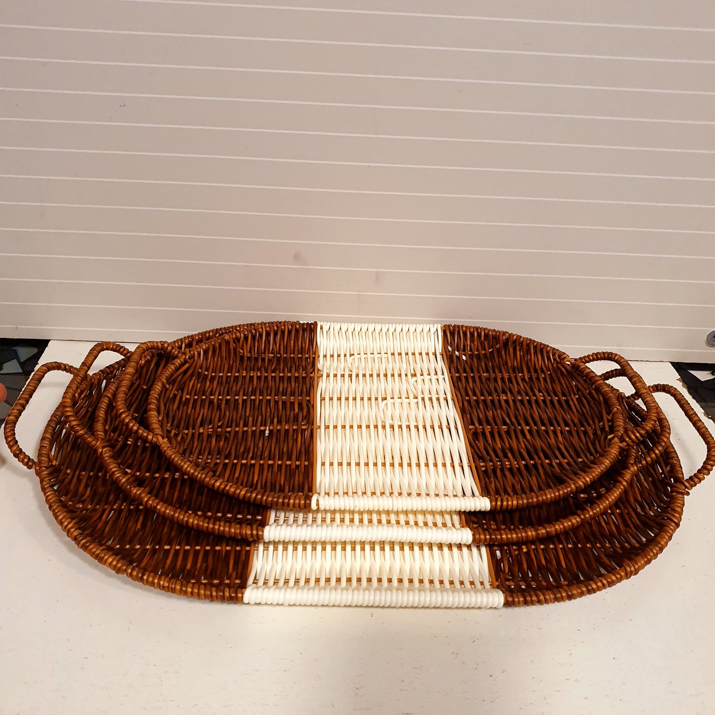 Brown White Cane Basket 3 pcs set 21630