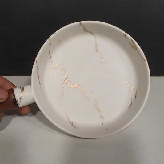 White Marble Style Pan with Wooden Handle 31130