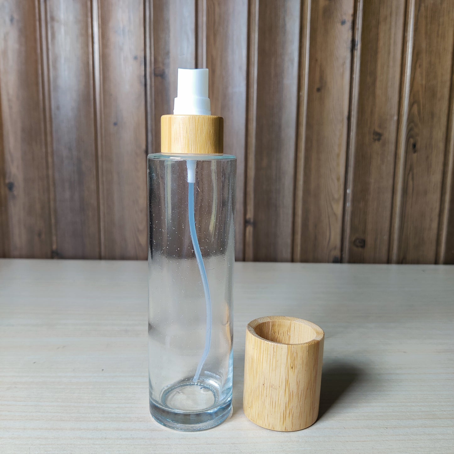 Clear Glass Spray Bottle with Wooden Cap