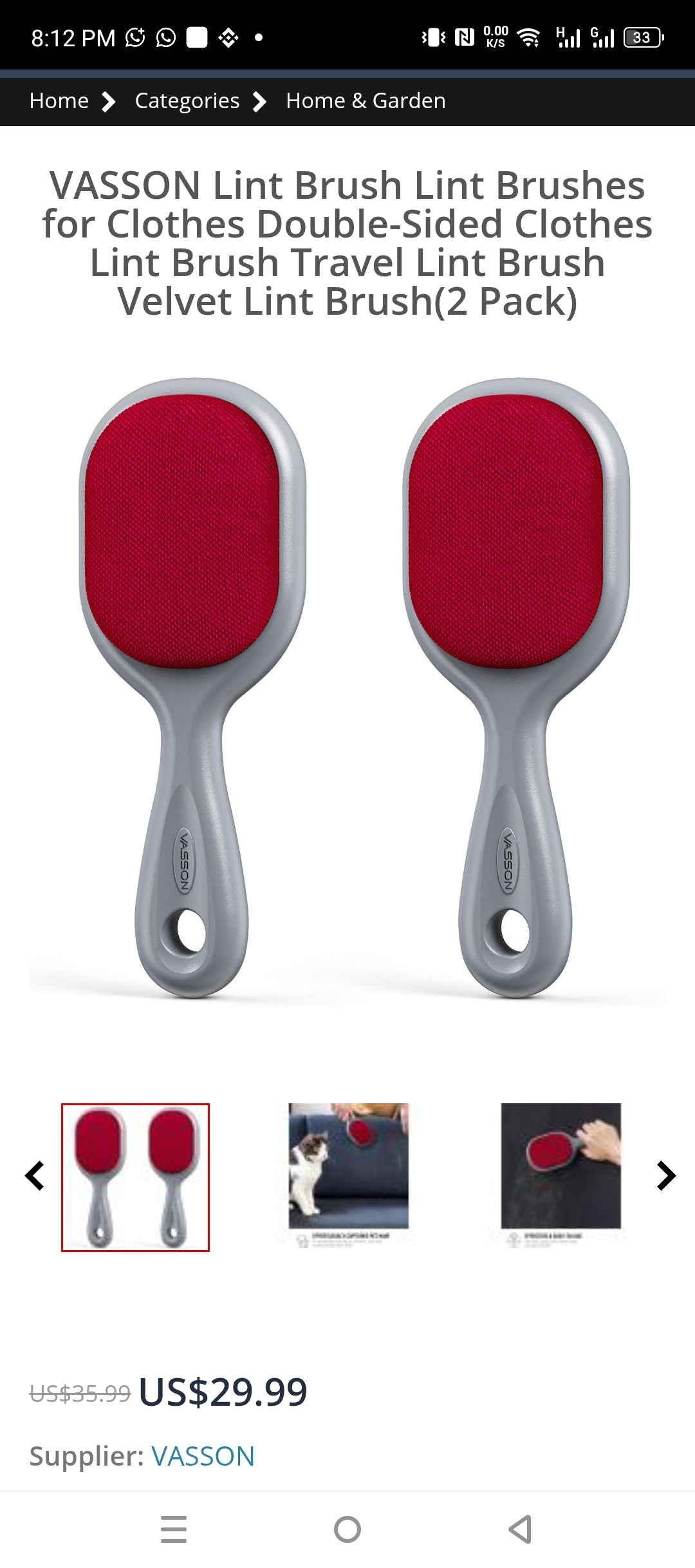 Vasson Velvet Lint Brush For Cloths and Furniture Pack of 2 182750