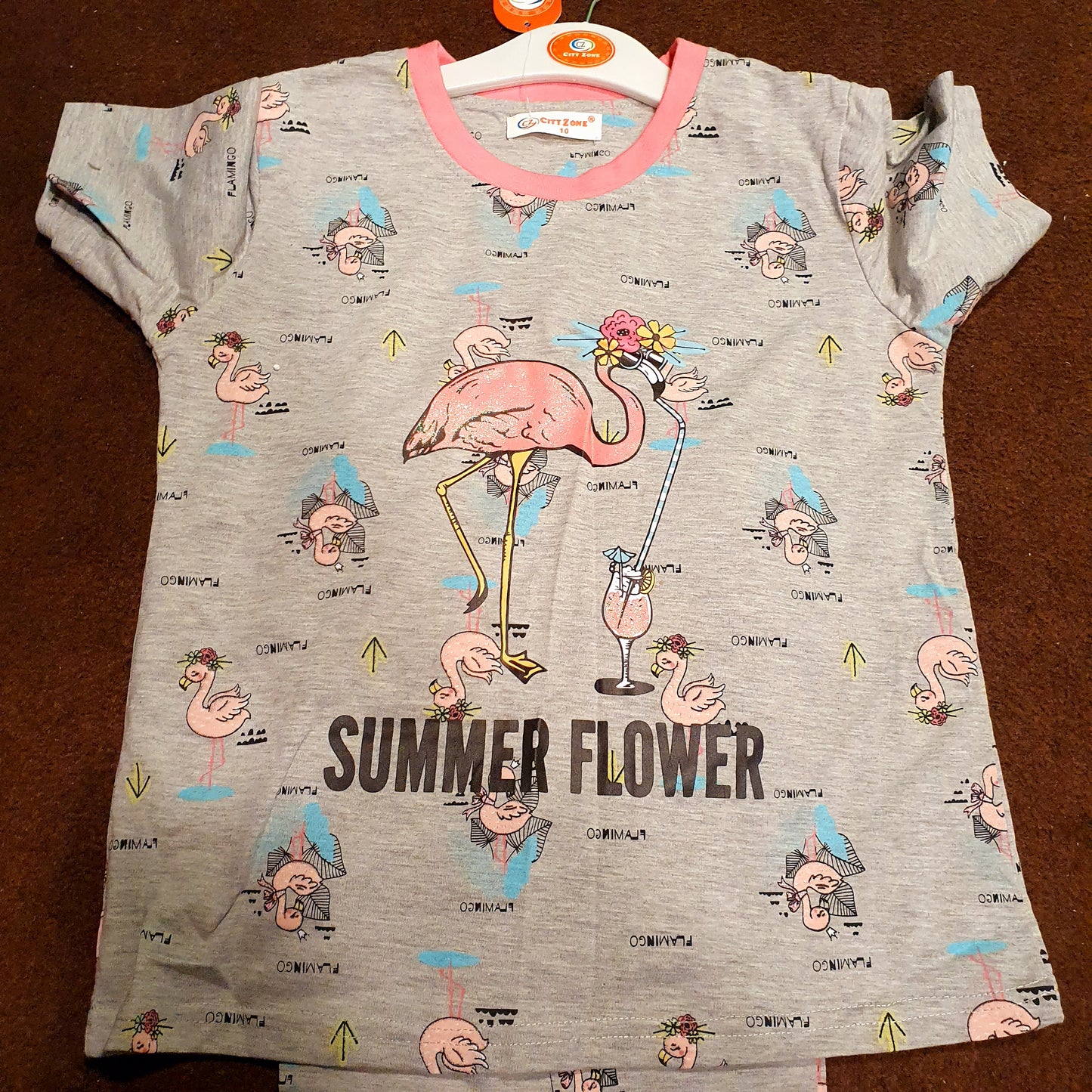 Grey Pink Birds Pattern Night Suit