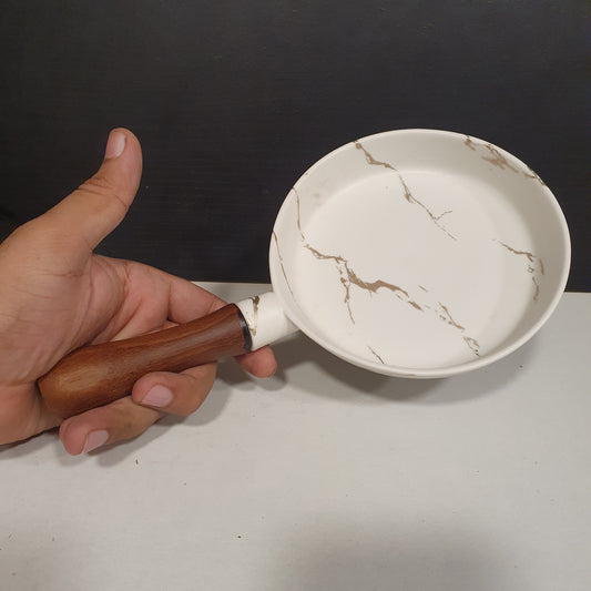 White Marble Style Pan with Wooden Handle 31130