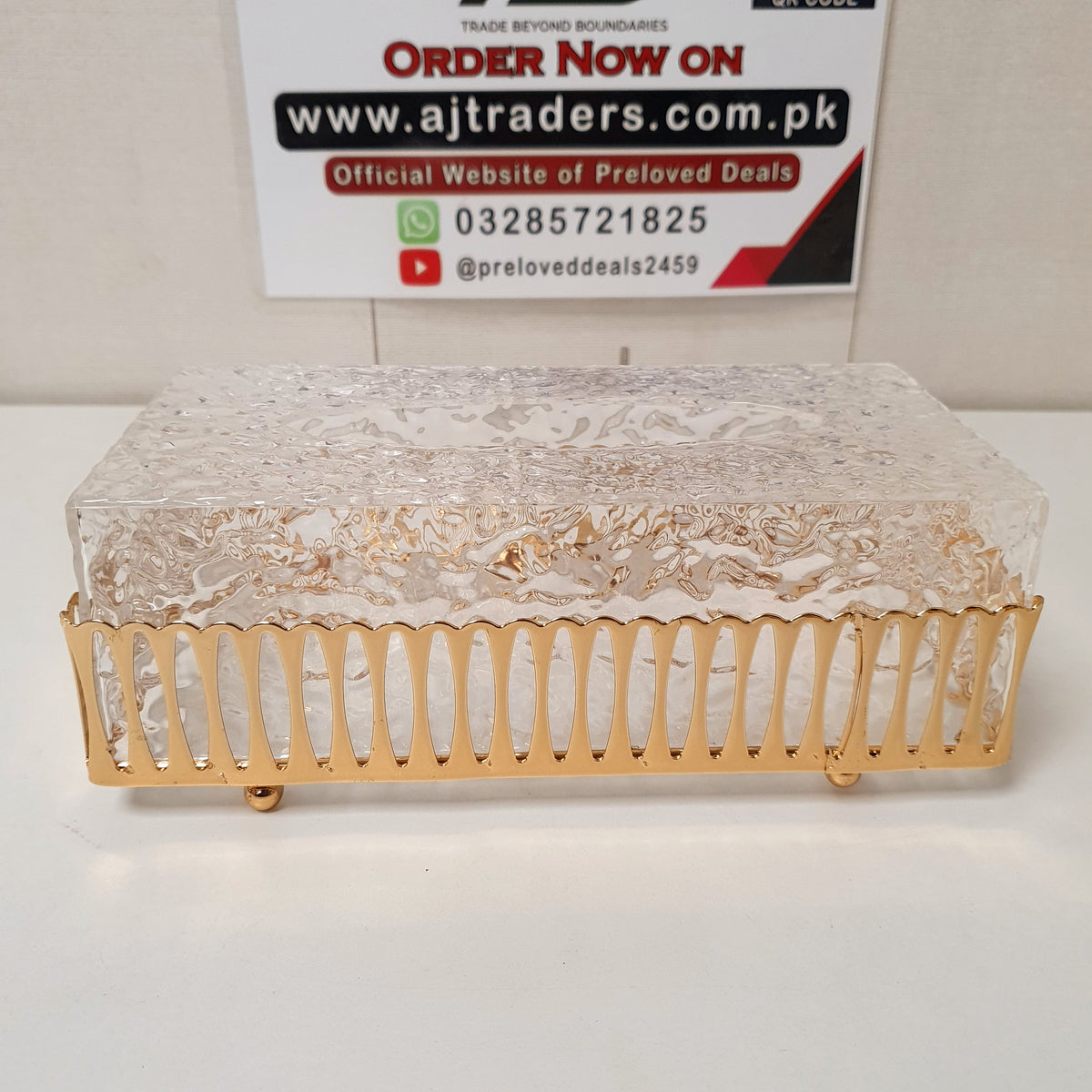 Acrylic Tissue Box with Golden Stand, 11610