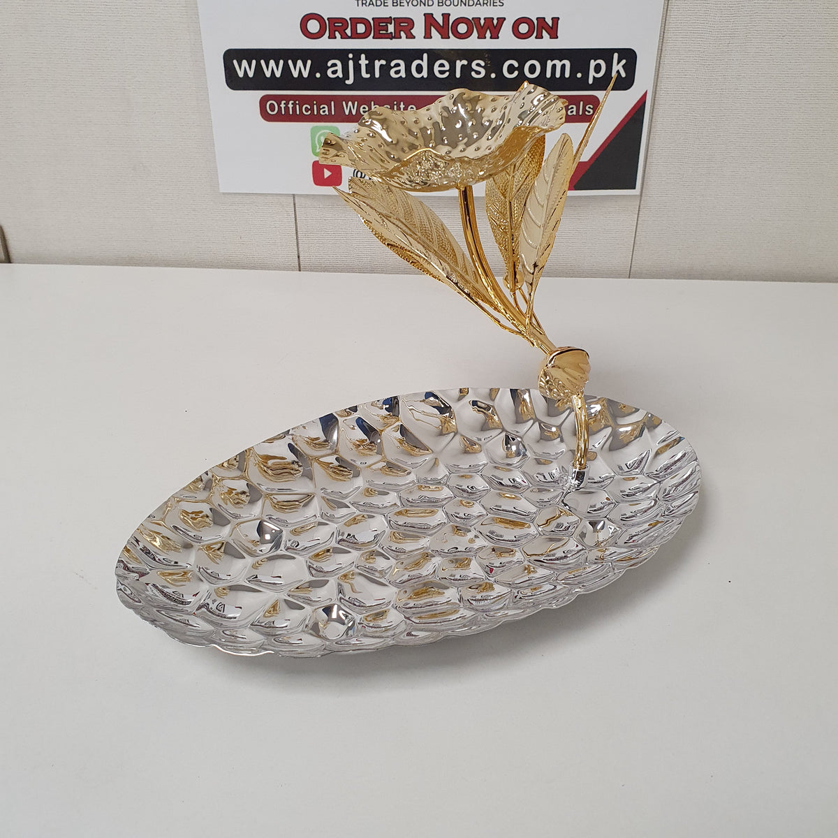 Silver Fish Cut Decoration Plate with Golden Flower, 33200