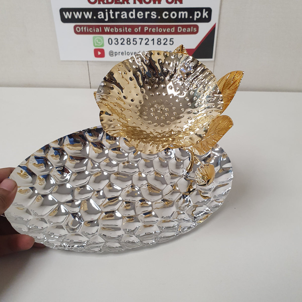 Silver Fish Cut Decoration Plate with Golden Flower, 33200