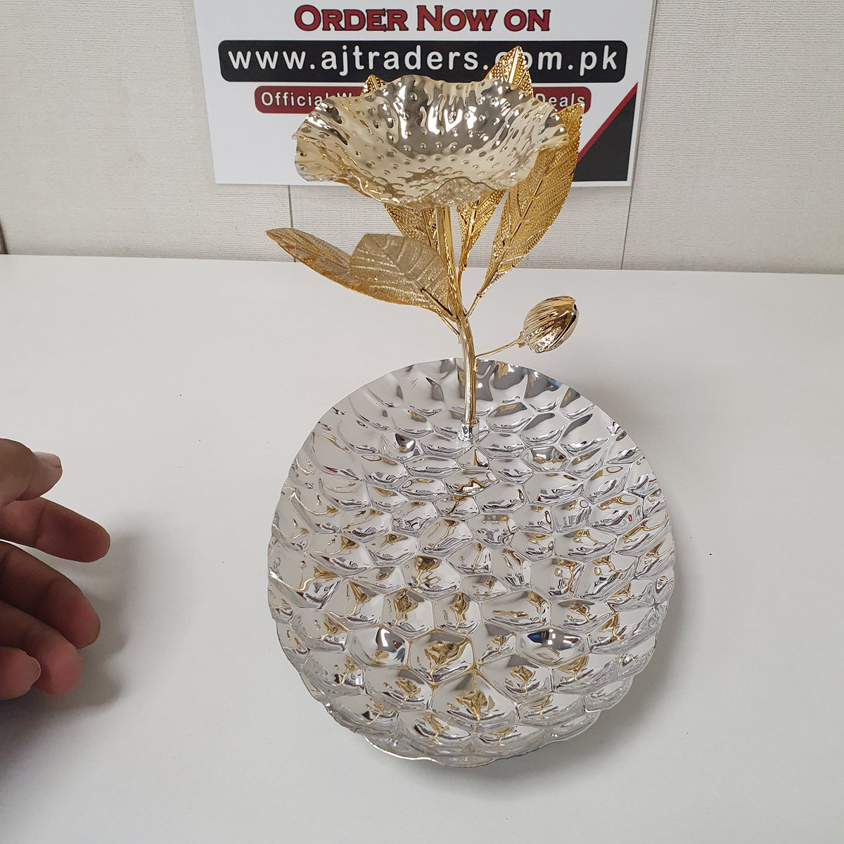 Silver Fish Cut Decoration Plate with Golden Flower, 33200