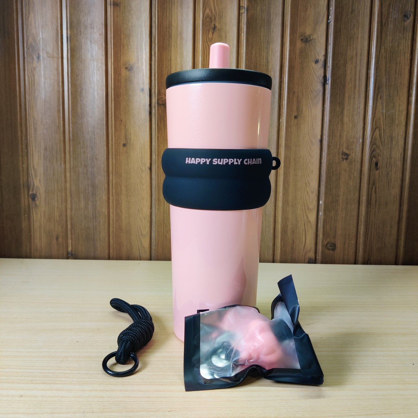 Pink Insulated Travel Tumbler Mug with Silicone Sleeve & Strap