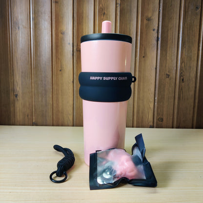 Pink Insulated Travel Tumbler Mug with Silicone Sleeve & Strap