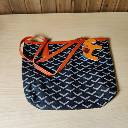 Geometric Chevron Print Tote Bag with Orange Straps & Charm