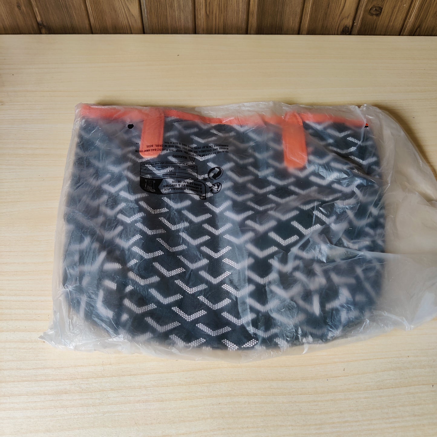 Geometric Chevron Print Tote Bag with Orange Straps & Charm