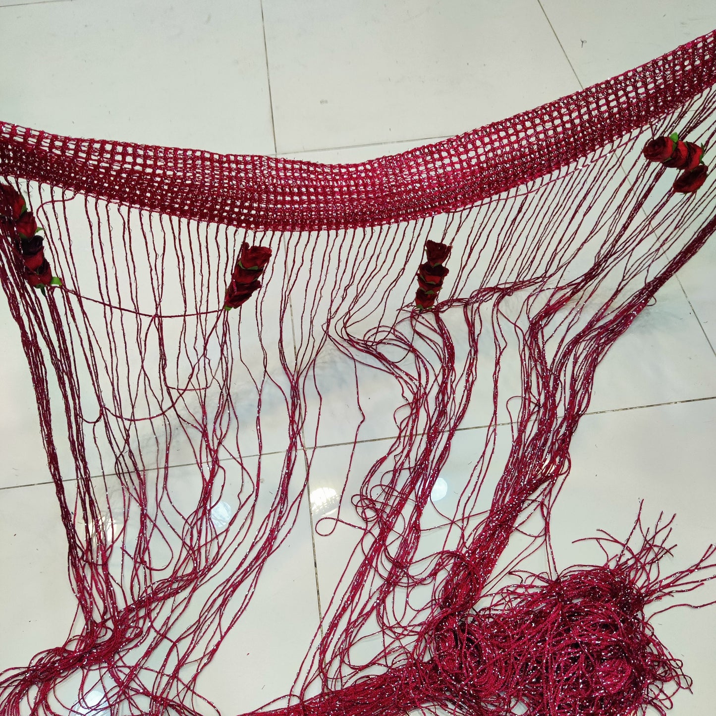 Red Glitter String Curtain with Artificial Roses
