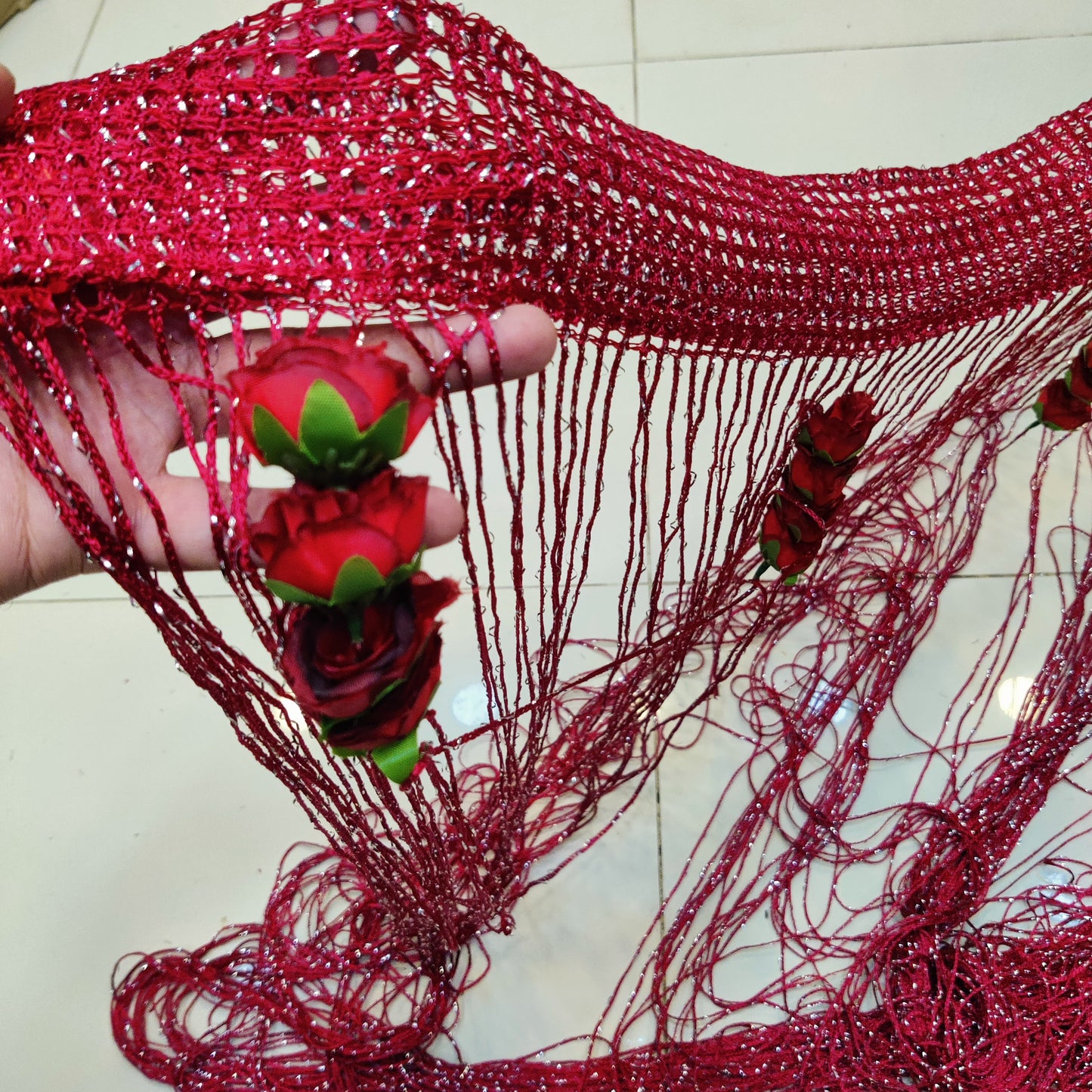 Red Glitter String Curtain with Artificial Roses