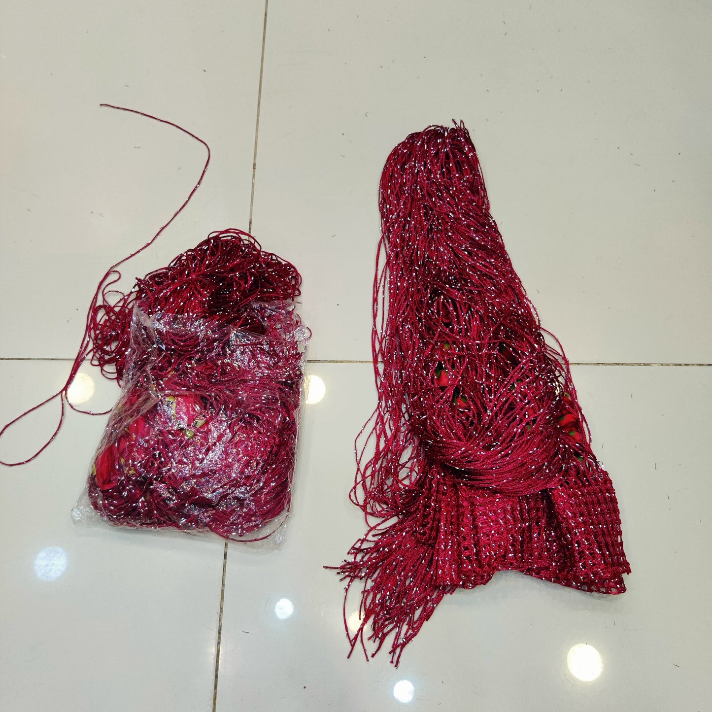 Red Glitter String Curtain with Artificial Roses