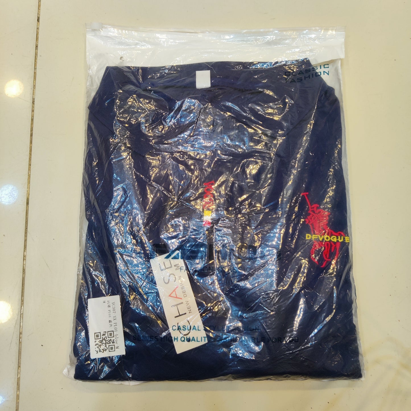 Men's Classic Navy Blue Polo Shirt with Red Embroidery Logo