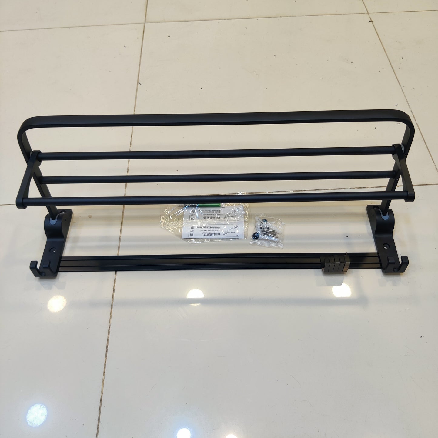 Folding Matte Black Bathroom Towel Rack with Towel Bar & Hooks
