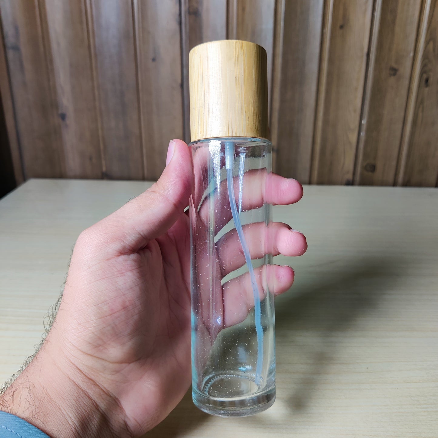 Clear Glass Spray Bottle with Wooden Cap