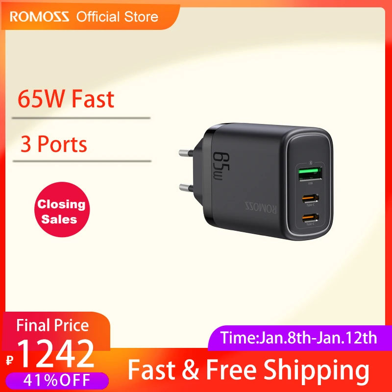 Romoss AC65MC 65W GaN Fast Charger Adapter - 3 Port USB-C