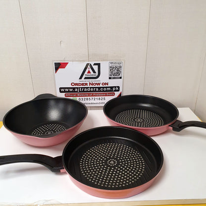 ILO Korean Die Cast Aluminum Non Stick Cookware Set  28cm Frypan, Grill Pan & Wok (3-Piece)