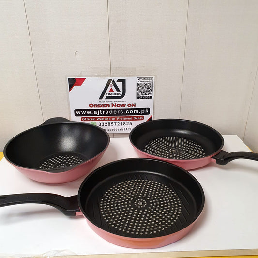 ILO Korean Die Cast original Aluminum Non Stick Cookware Set  28cm big size Frypan, Grill Pan & Wok (3-Piece)