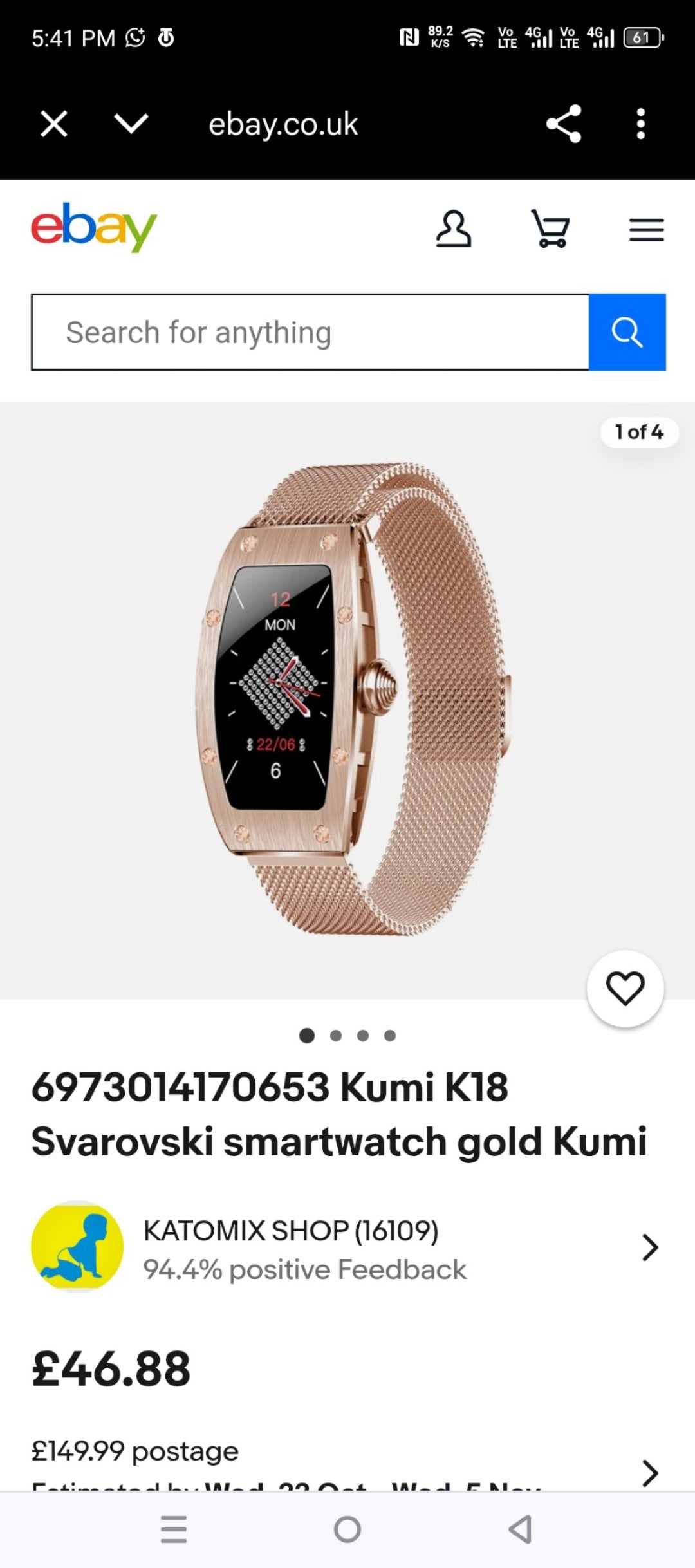 K 18 svarovski original crystals branded smart watch