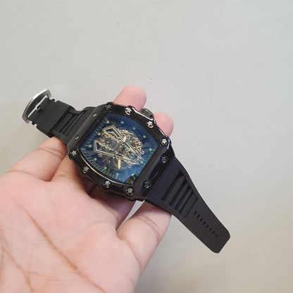 Mens Richard Black Belt Skeleton Watch